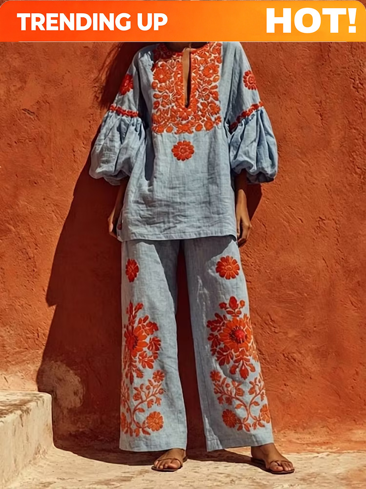 Linen Pant Wide - Maßgeschneidertes Damen-Boho-Leinen-Outfit, zweiteilig, mit Blumenmuster, Laternenärmeln,