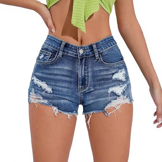 Shorts Denim Frayed - Damen High-Waist Distressed Blaue Denim-Shorts mit