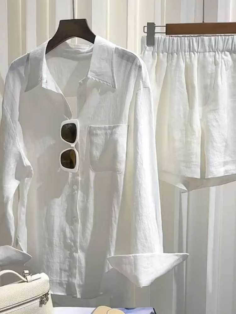 Linen Pant Wide - Sommer-Leinenhemd-Set für Damen, locker geschnittene kurze