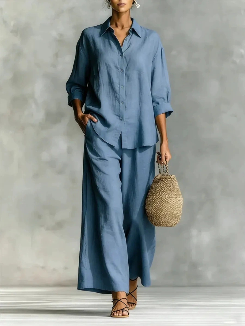 Linen Pant Wide - Damen Neues 7-Ärmel-Shirt & Weite Hose