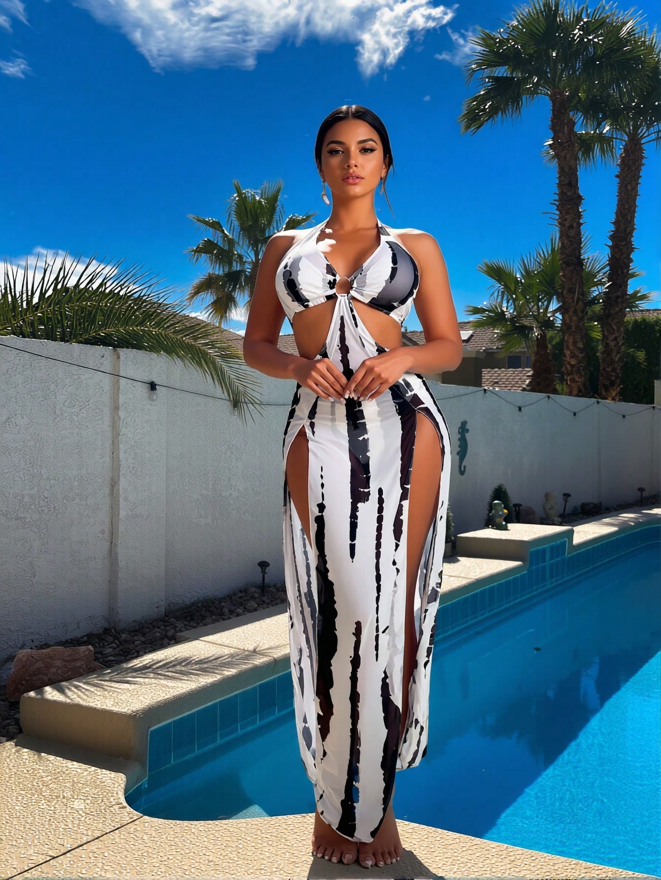 Maxi Dress Halter - Neues schwarz-weißes Tie-Dye 3-teiliges Bikini-Set, Neckholder-Kleid